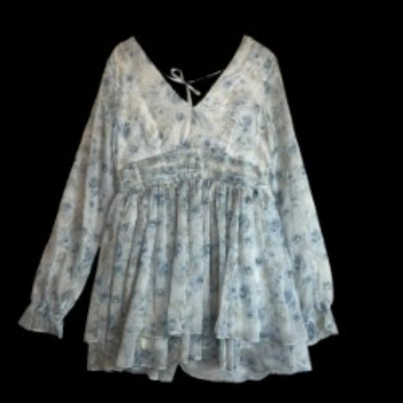 MI AMI FOR FRANCESCA'S PASTEL BLUE/WHITE FLORAL RUFFLE MINI DRESS SIZE L - Picture 2 of 11